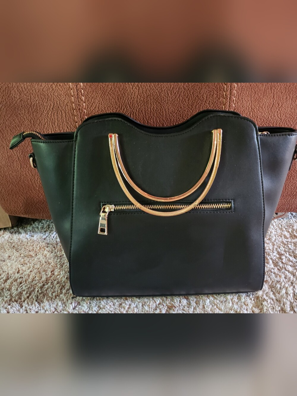 Chic Miztique Black Vegan Leather Satchel with Sculptural Gold Handles - Picture 8 of 14